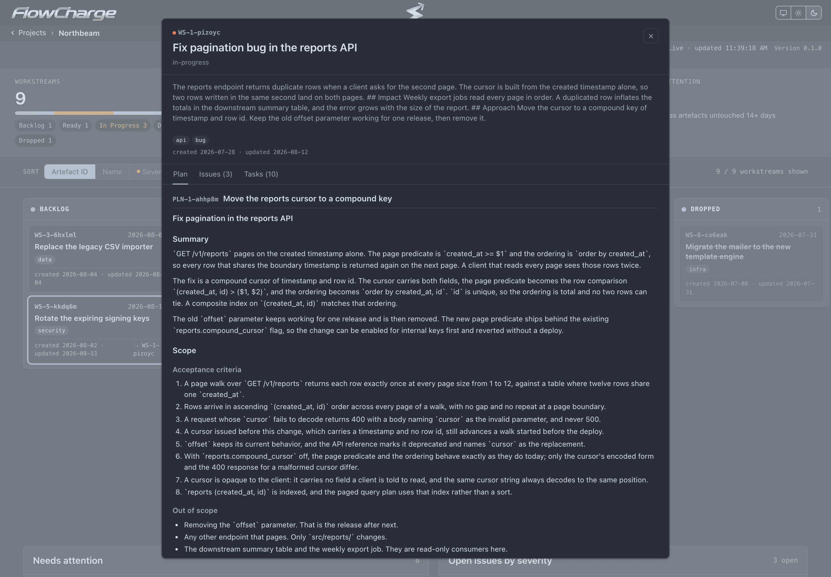 The workstream detail dialog on its Plan tab, showing a generated plan with its summary, approach, compatibility, testing and rollout sections.