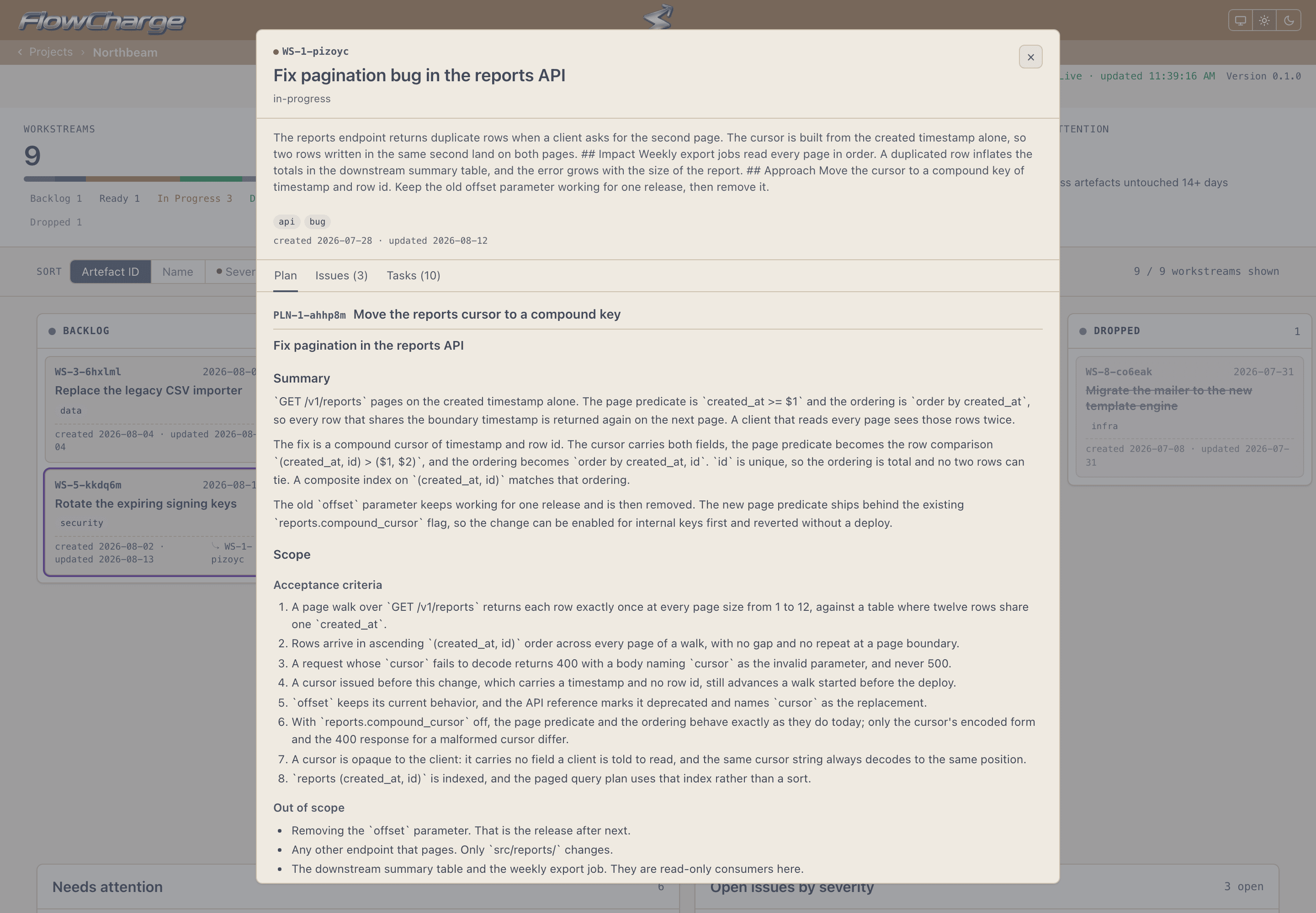 The workstream detail dialog on its Plan tab, showing a generated plan with its summary, approach, compatibility, testing and rollout sections.