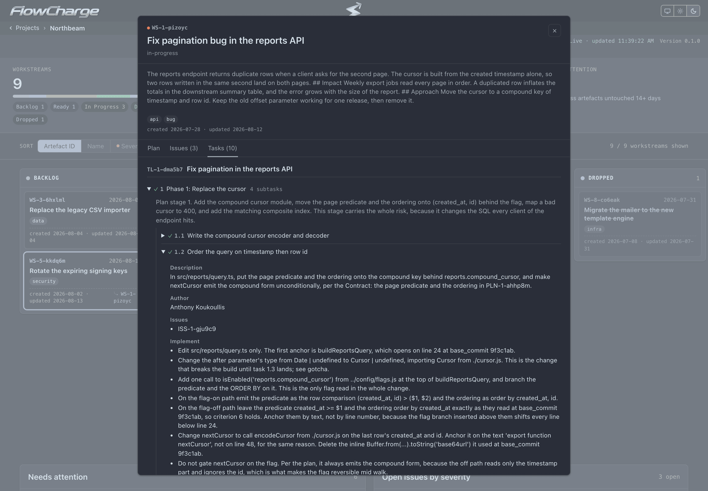 The workstream detail dialog on its Tasks tab, showing one task expanded with its anchor, its compatibility note, the trap it must avoid and its verify commands.