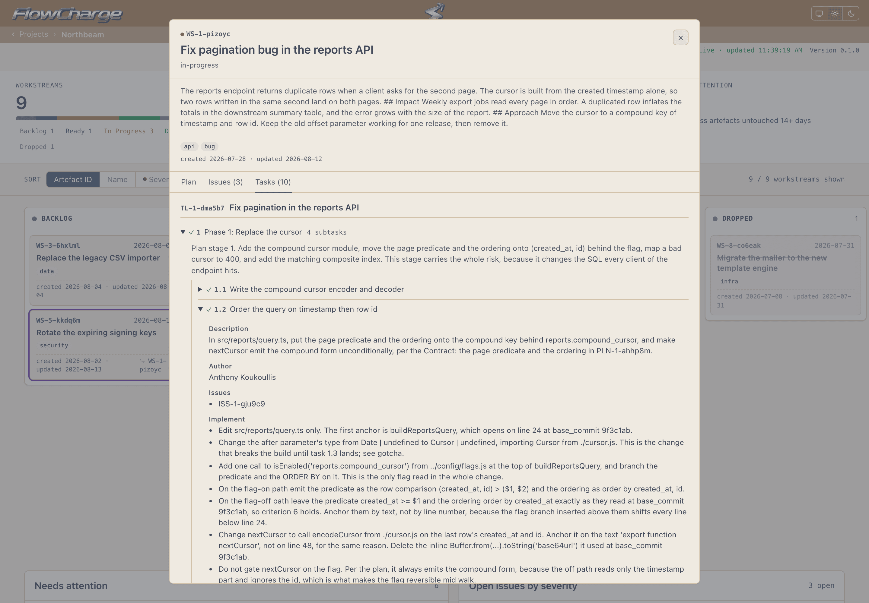 The workstream detail dialog on its Tasks tab, showing one task expanded with its anchor, its compatibility note, the trap it must avoid and its verify commands.